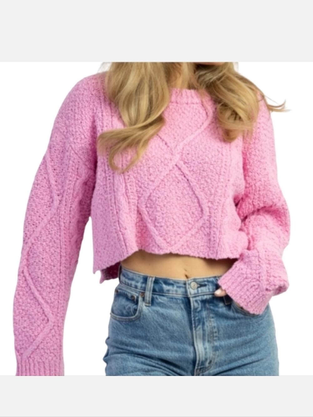 Altar'd State Pink Cotton Textured Sweater Cropped Cozy Cable Knit Feminine